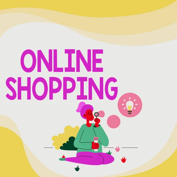 Εγγραφή εμφάνισης κειμένου Online Shopping. Business concept consumers directly buy goods from a seller over the Internet Lady Sitting In Park Φυσώντας Μπαλόνια Σκέψη Νέες σκέψεις με λάμπα Ιδέα. — Φωτογραφία Αρχείου