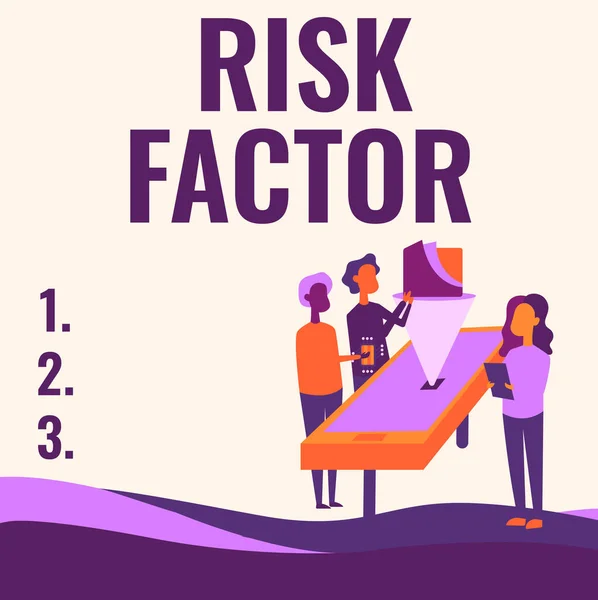 Text caption presenting Risk Factor. Concept meaning Characteristic that may increase the percentage of acquiring a disease Colleagues Drawing Standing Beside Table Projection Graph Chart. — Stock Photo, Image