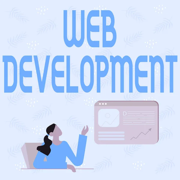 Podpis wyświetlający Web Development. Koncepcja biznesowa zajmująca się tworzeniem stron internetowych dla hostingu poprzez intranet Rysowanie linii dla Pani Siedzącej Prezentowanie nowych pomysłów z ekranu przeglądarki internetowej — Zdjęcie stockowe