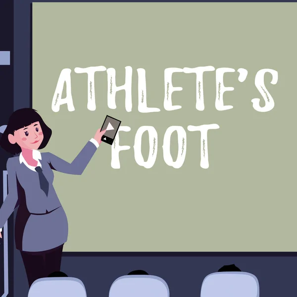 Conceptual display Athlete S Is Foot. Business concept a fungus infection of the foot marked by blisters Woman Holding Remote Control Presenting Newest Ideas On Backdrop Screen.