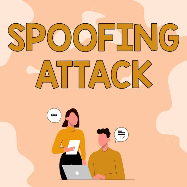 Bildunterschrift: Spoofing Attack. Word zur Imitation eines Benutzers, Gerätes oder Clients im Internet Partner teilen neue Ideen zur Verbesserung der Fähigkeiten Arbeitsstrategien. — Stockfoto