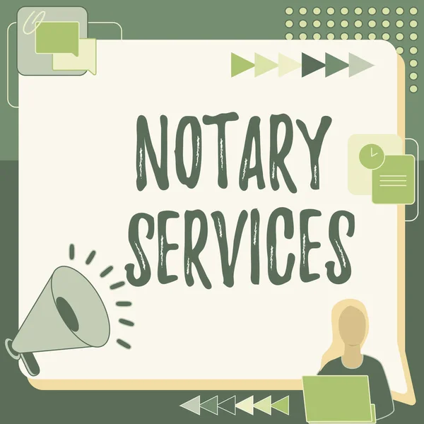 Conceptual display Notary Services. Business showcase services rendered by a state commissioned notary public Woman Drawing Sitting Working Next To Megaphone Making New Announcement — Stock Photo, Image