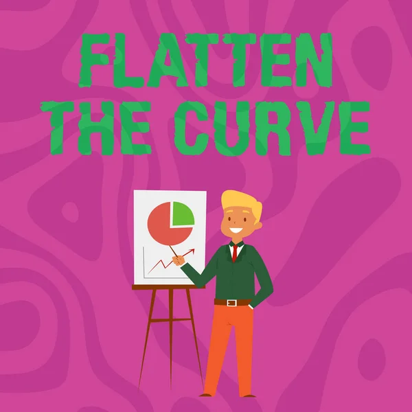 Tekstimerkki Flatten the Curvesta. Sana tietoisuuden lisäämiseksi tartuntataudin nopeuden hidastamisesta Liikemies, jolla on rento pysyvä esittää kaavioita ja ideoita. — kuvapankkivalokuva