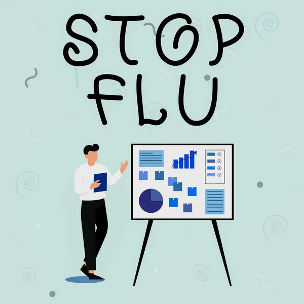 文字标志显示停止流感。商业理念结束了你肺部和呼吸道的病毒感染商人为他们的成功提出了自己的观点. — 图库照片