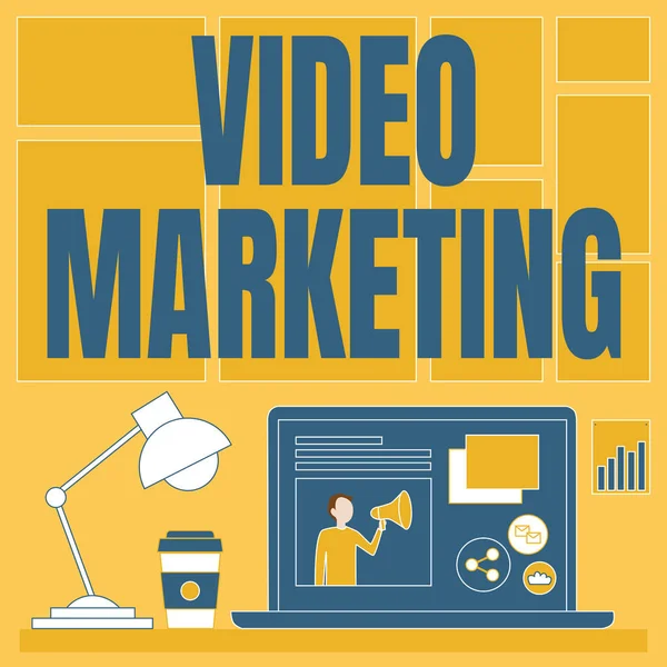 Text sign showing Video Marketing. Conceptual photo integrates engaging video into the marketing campaigns Laptop On A Table Beside Coffee Mug And Desk Lamp Showing Work Process.