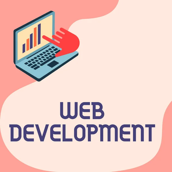 Znak tekstowy pokazujący Web Development. Praca koncepcyjna biznesu zaangażowana w opracowanie strony internetowej dla Internetu Laptop Rysowanie Wyświetlanie wykresu Wzrost ręka wskazywanie ekranu. — Zdjęcie stockowe