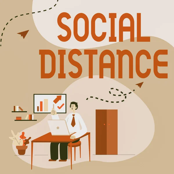 Pokaz koncepcyjny Odległość społeczna. Koncepcja oznacza stopień akceptacji ogólnej interakcji osób Człowiek siedzi na biurku Praca i prezentowanie nowych technologii. — Zdjęcie stockowe
