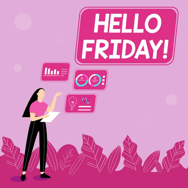 Text sign showing Hello Friday. Internet Concept Let the weekend begins and time to relax and celebrate Illustration Of Girl Sharing Ideas For Skill Discussing Work Strategies.
