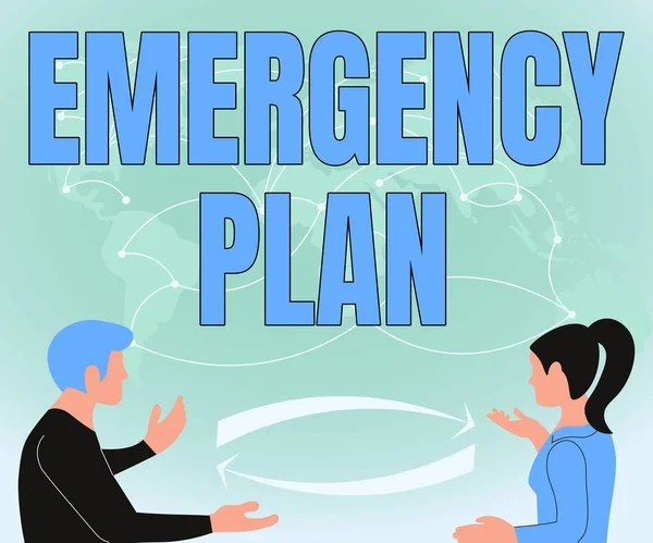 Handwriting text Emergency Plan. Business overview instructions that outlines what workers should do in danger Two Teammates Discussing New Ideas World Map Brainstorming New Solutions.