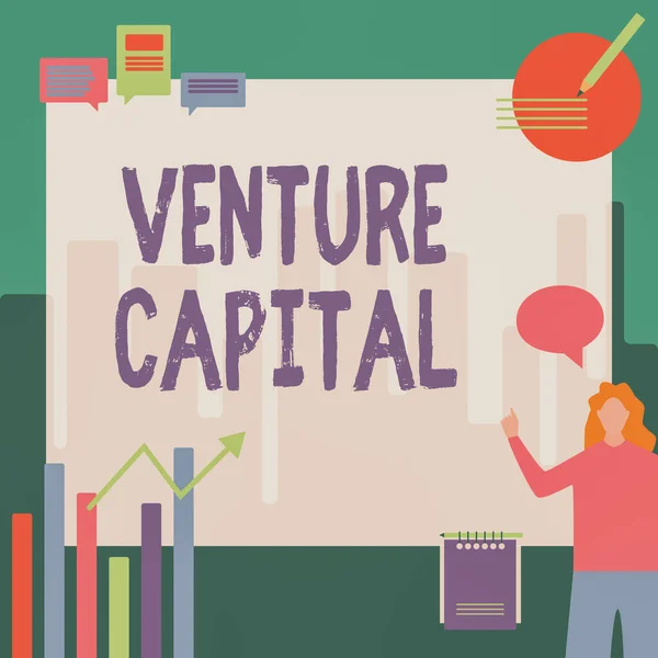 Inspirace ukazuje znamení Venture Capital. Obchodní vitrína kapitál investoval do projektu, v němž je riziko Podnikatelka ležérní vestoje prezentační grafy a nové nádherné nápady. — Stock fotografie