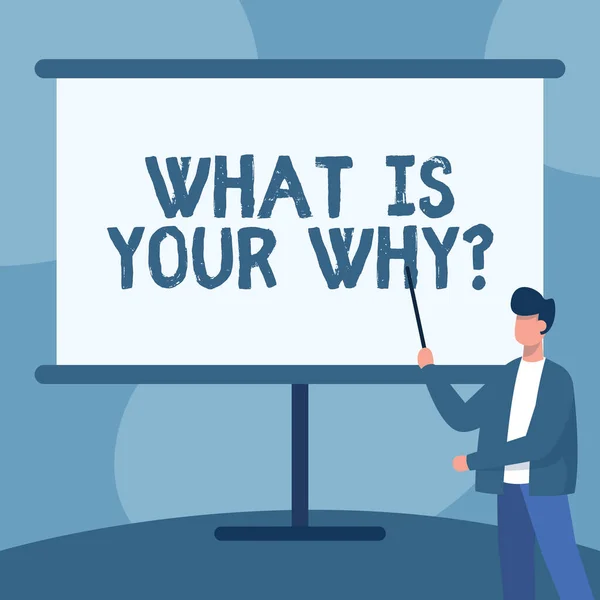 Writing displaying text What Is Your Why Question. Internet Concept asking someone about their purpose in life Teacher In Jacket Drawing Standing Pointing Stick At Whiteboard. — Stock Photo, Image