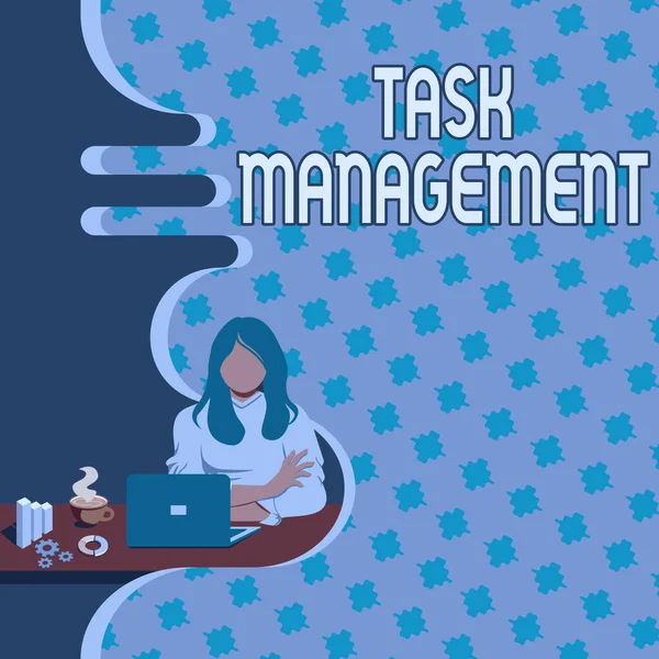 Conceptueel bijschrift Task Management. Business idee het proces van het beheren van een taak door zijn levenscyclus Vrouw zitten met behulp van Laptop Online Sessie Discussie Laatste Projecten. — Stockfoto