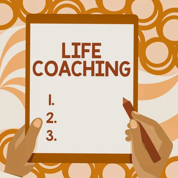 Konceptvisning Life Coaching. Begreppet mening Uppmuntran och samråd baserat på det aktuella tillståndet Ritning av båda händerna Holding Tablet Lätt presentera underbara idéer — Stockfoto