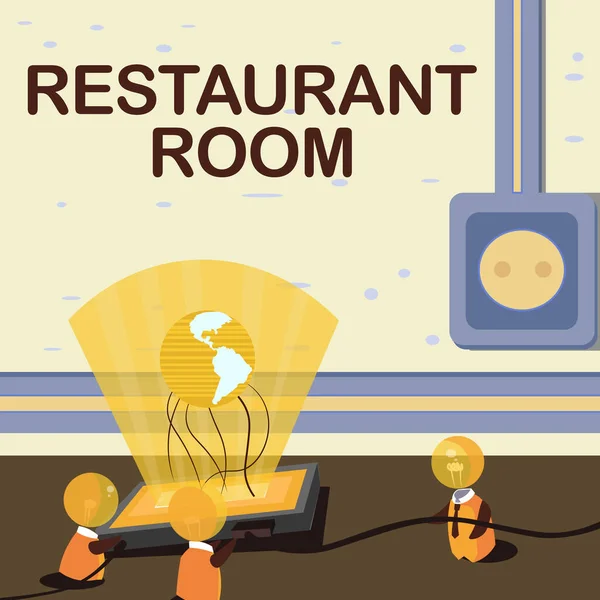 Escrevendo exibindo texto Restaurant Room. Abordagem de negócios mostrando pagamento para sentar e comer refeições que são cozidas e servidas Ideias Globais Unindo-se Formando Novas Realizações Tecnológicas. — Fotografia de Stock