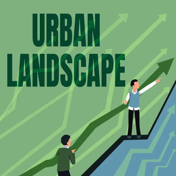 Sign displaying Urban Landscape. Business idea images that capture scenes within a city that can be vast Arrows Guiding Two Collaborating Businessmen Towards Better Financial Plan.