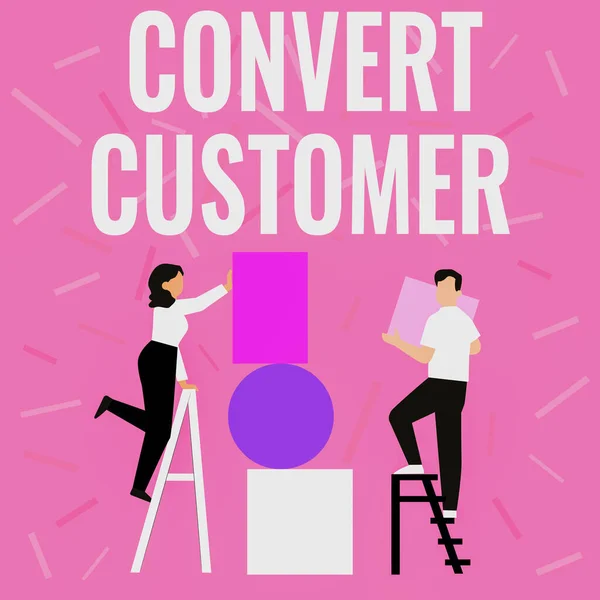 Legenda do texto apresentando Convert Cliente. Táticas de marketing de vitrine de negócios e estratégia transformando leads em comprador Desenho de casal Usando escada Colocando grandes quadros vazios para uma parede. — Fotografia de Stock