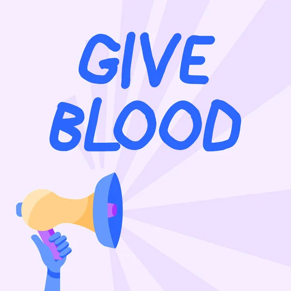 Teks tulisan tangan Give Blood. Foto konseptual seseorang secara sukarela memiliki darah yang diambil dan digunakan untuk transfusi Illustration Of Hand Holding Megaphone With Sun Ray Making Announcement. — Stok Foto