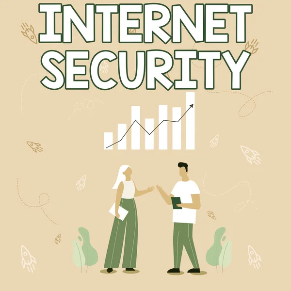 Hand writing sign Internet Security. Business approach process to protect against attacks over the Internet Illustration Of Partners Sharing Wonderful Ideas For Skill Improvement.