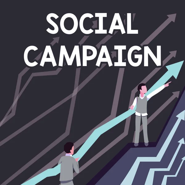 Handschriftlicher Text Social Campaign. Business Showcase nutzt Social-Media-Plattform zur Verbesserung der Markenbekanntheit Pfeile, die zwei zusammenarbeitende Geschäftsleute zu einem besseren Finanzplan führen. — Stockfoto