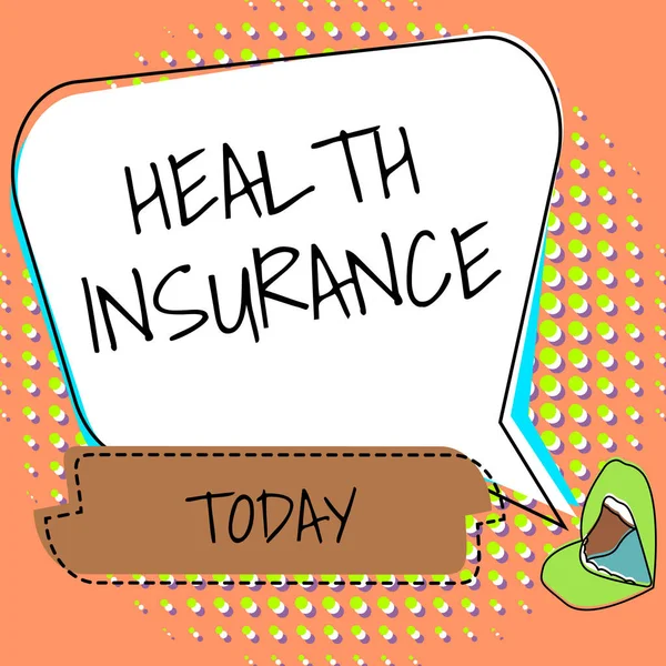 テキスト健康保険を表示する書き込み。保険会社の医療費を融資する業務概要保険会社の医療費を融資する仕組みプラスのコメントバブルを通じた良い反応. — ストック写真