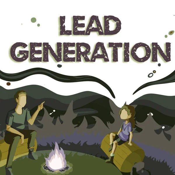 El yazısı işareti Lead Generation. Kavram demek, potansiyel müşteriyi yetiştirmek demek. Baba ve kızı ile bağlantılı. Kamp ateşinin yanında oturuyorlar. — Stok fotoğraf