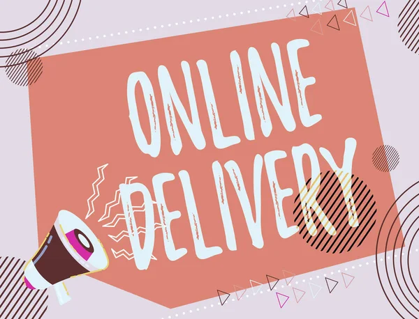 Online Delivery 를 보여 주는 텍스트 사인. 거대 한 메가폰 이 새로운 놀라운 발표를 하는 그물을 통하여 무엇인가를 전달하는 행동 혹은 방법을 알려 주는 말 — 스톡 사진