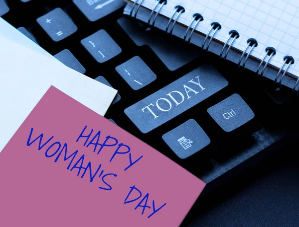 Writing displaying text Happy Woman S Day. Internet Concept to commemorate the essence of every lady around the world Entering Image Keyword And Description, Typing Word Definition And Meaning — Stock Photo, Image