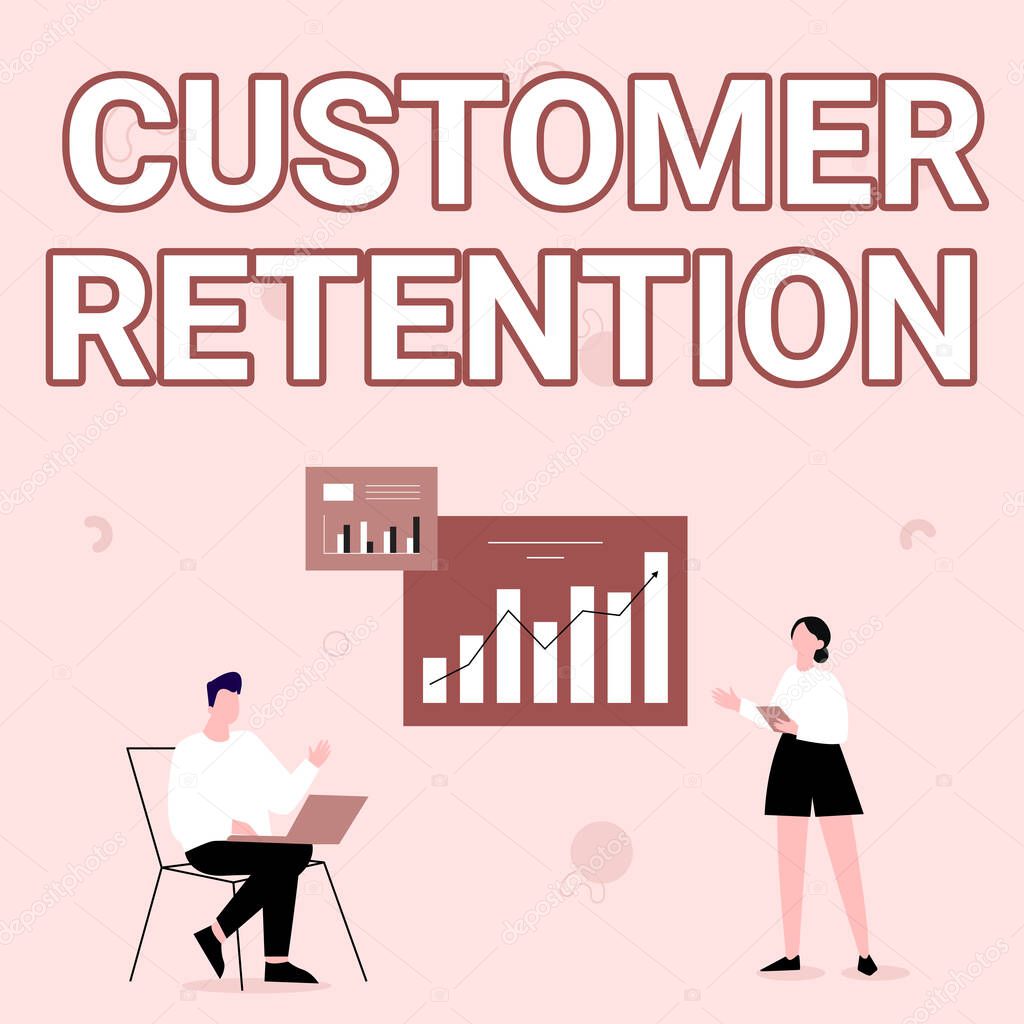 Handwriting text Customer Retention. Conceptual photo activities companies take to reduce user defections Man Using Laptop And Girl Standing Sharing Ideas For Improvement.