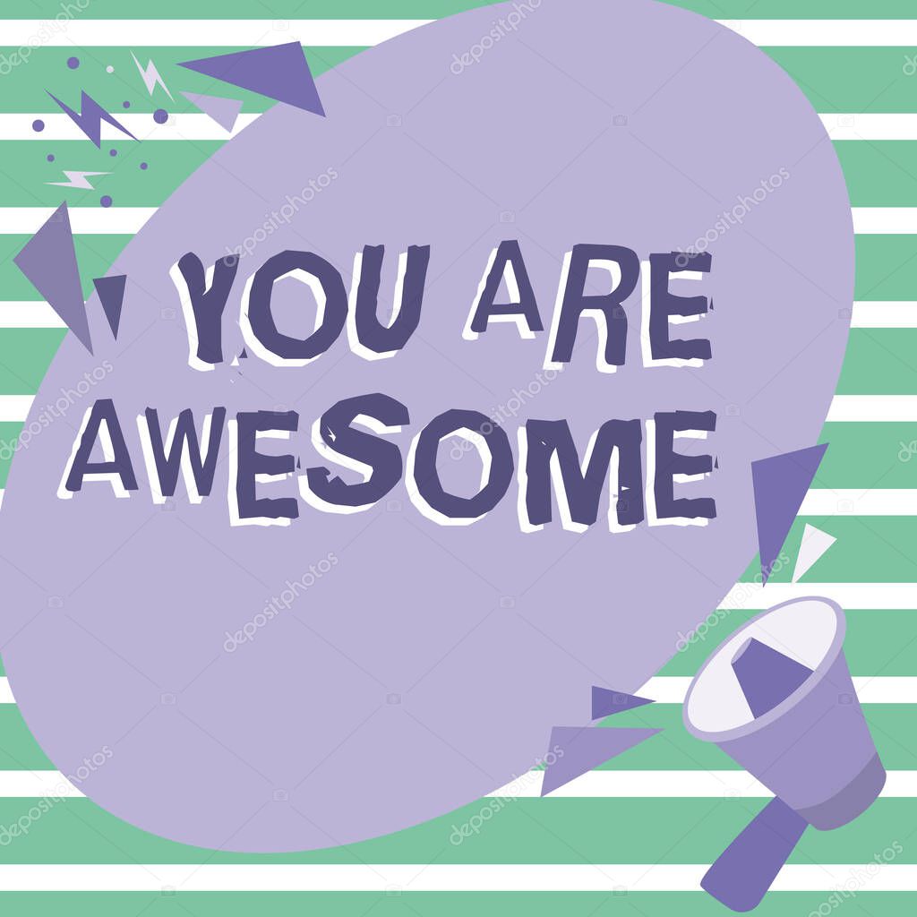 Inspiration showing sign You Are Awesome. Business showcase Motivation, appreciation, admiration, and compliment to someone Megaphone Drawing Speaking To Chat Cloud Making Announcement.