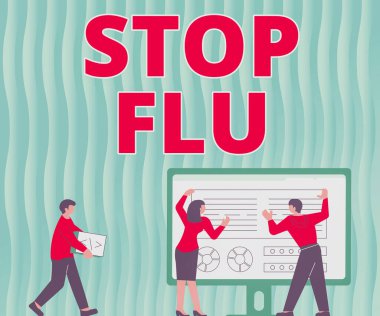 El yazısı. Gribi durdurun. Kavramsal fotoğraf, akciğerlerinizdeki ve hava yollarındaki viral enfeksiyonun sona ermesini sağladı. Meslektaşlar Tablo Tasarım Çizelgesinin yanında ayakta durma grafiği çiziyor.