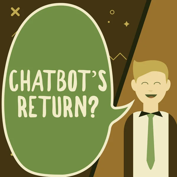 Chatbotを提示するテキストキャプションは戻り値の質問です。テキストインターフェイスとAIを使用して通信するビジネスショーケースプログラム｜ビジネスマンのイラストチャットクラウドを空にするアイデアを提示. — ストック写真