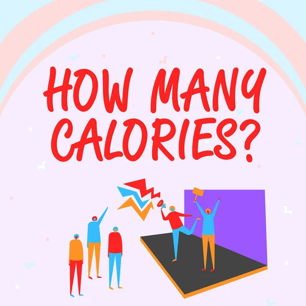 Kavramsal gösterim Kaç Kalori Sorusu. İş dünyası, vücudumuzun bundan ne kadar enerji alabileceğini soruyor. Sahnedeki Çift 'in küçük kalabalığa açıklama yaptığı görüntüsü.. — Stok fotoğraf