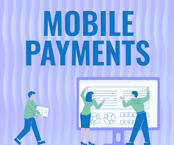 Text showing inspiration Mobile Payments. Business concept money paid for a product through a electronic device Colleagues Drawing Standing Beside Table Projection Graph Chart — Stock Photo, Image