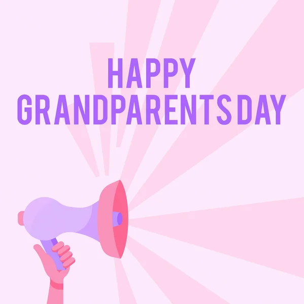 Bildunterschrift: Happy Grandparents Day. Geschäftsidee Ältere Personen oder Senioren Feier Illustration der Hand halten Megafon mit Sun Ray macht Ansage. — Stockfoto
