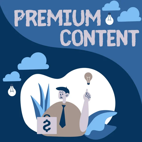 Conceptuele weergave Premium Content. Zakelijk concept hogere kwaliteit of meer wenselijk dan vrije inhoud Man zitten in het park blazen ballonnen denken aan nieuwe gedachten met Idee Lamp. — Stockfoto
