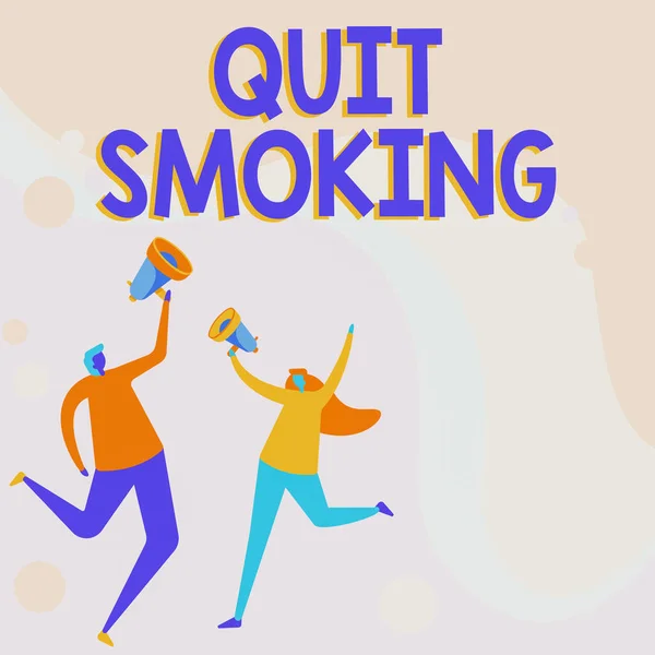 Hand writing sign Quit Smoking. Business approach the process of discontinuing or stopping tobacco smoking Illustration Of Partners Jumping Around Sharing Thoughts Through Megaphone. — Stock Photo, Image
