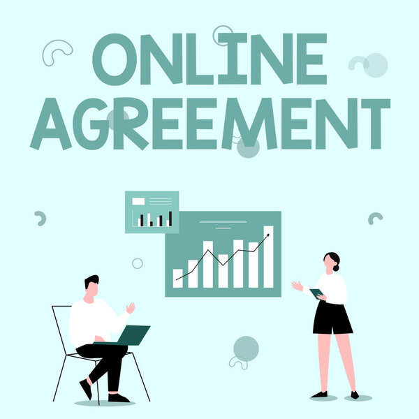 Sign displaying Online Agreement. Business overview contracts that are created and signed over the Internet Man Using Laptop And Girl Standing Sharing Ideas For Improvement.