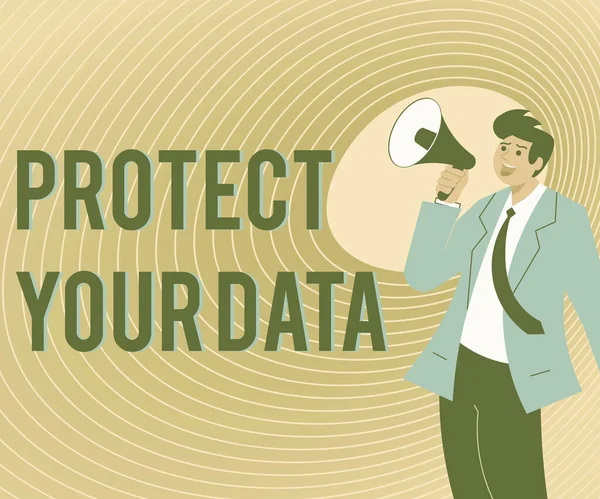 データ保護の表示に署名します。ビジネスは、サイバーセキュリティの安全性を示し、損失や詐欺からデジタル情報をシールドします。 — ストック写真