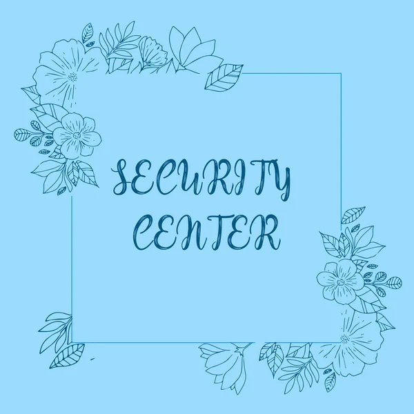 Metin başlığı Güvenlik Merkezi 'ni temsil ediyor. Soyut Modernize Formlar Çiçekleri ve Yeşilliklerle süslenmiş Blank Frame şirketinin güvenlik sorunlarıyla uğraşan merkezi bir birim.. — Stok fotoğraf