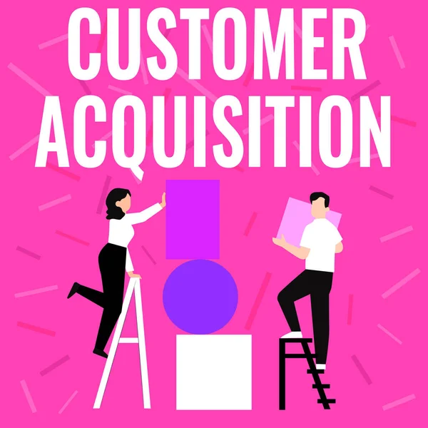 Text sign showing Customer Acquisition. Business idea it refers to gaining new consumers to the business Couple Drawing Using Ladder Placing Big Empty Picture Frames To A Wall.