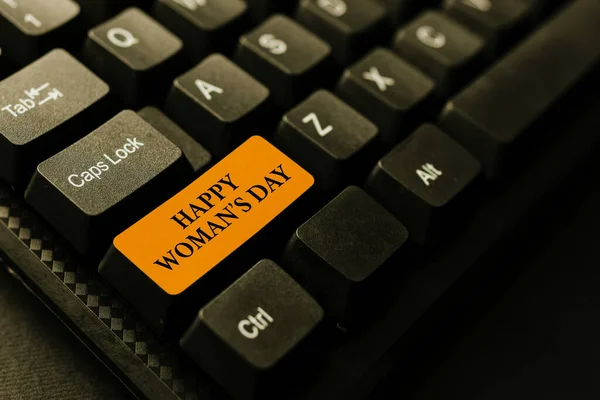 Señal de escritura a mano Happy Woman S Day. Enfoque de negocios para conmemorar la esencia de cada dama en todo el mundo Conectándose con amigos en línea, Haciendo Conocimientos en Internet — Foto de Stock