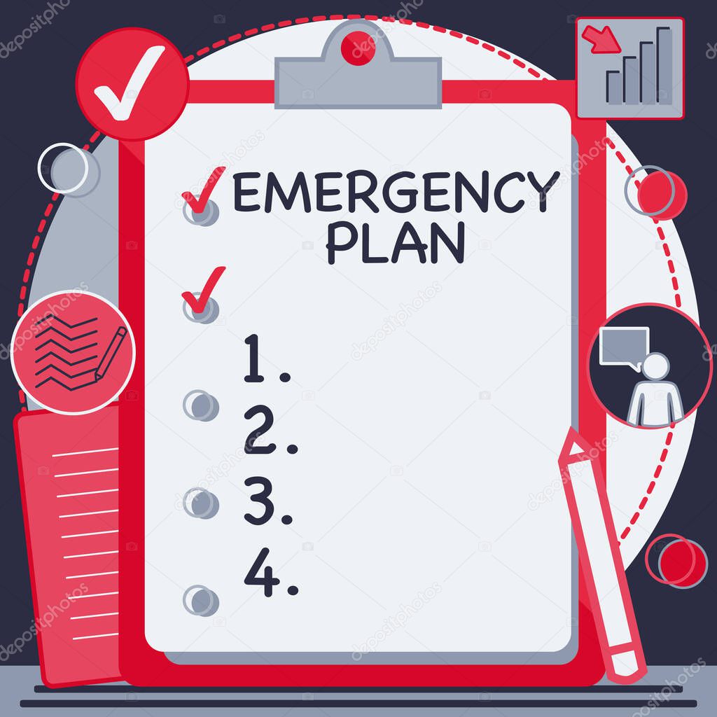 Text sign showing Emergency Plan. Word Written on instructions that outlines what workers should do in danger Clipboard Drawing With Checklist Marked Done Items On List.