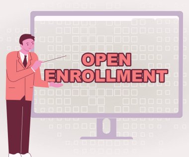 Açık Kaydı gösteren metin işareti. İşletme fikir politikası öğrencilerin okula kaydolmasına izin vermek İşadamı Stansenting Charts Sunar Bilgisayar Ekranında Harika Fikirler
