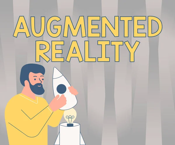 Sign displaying Augmented Reality. Word for technology that imposes computer image on the real world Illsutration Of Man Holding Rocketship Discovered Ideas Inside. — Stock Photo, Image