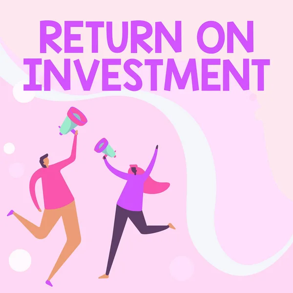 Text showing inspiration Return On Investment. Conceptual photo reviewing a financial report or investment risk analysis Illustration Of Partners Jumping Around Sharing Thoughts Through Megaphone. — Stock Photo, Image