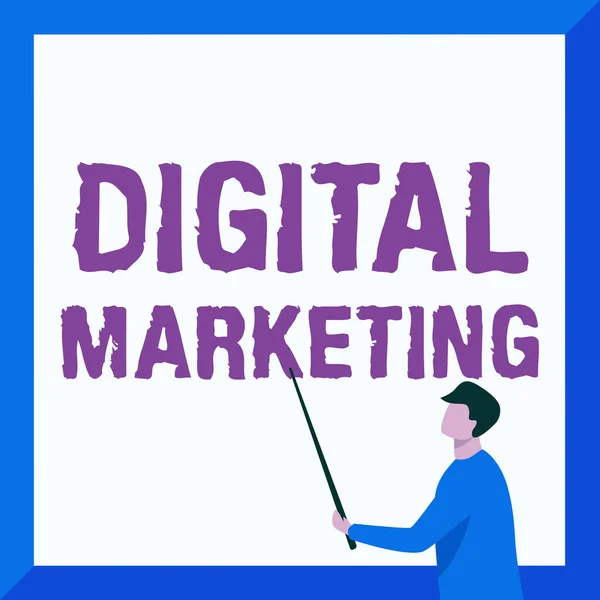 Tekst met inspiratie Digitale Marketing. Word Written on promotion of products or brands using electronic devices Instructor Drawing Holding Stick Pointing Board Toont nieuwe lessen. — Stockfoto