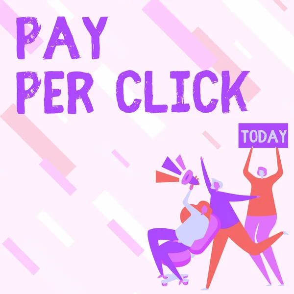 Έμπνευση δείχνει σημάδι Pay Per Click. Business προσέγγιση μάρκετινγκ Διαδικτύου στην οποία η πληρωμή βασίζεται σε clickthroughs Γυναίκα Σχέδιο Καθιστή Holding Megaphone Κάνοντας Ανακοίνωση. — Φωτογραφία Αρχείου