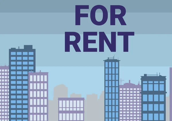 Szöveg megjelenítése For Rent. Word Írta, amikor elérhetővé teszi az ingatlant az ideiglenes vásárlásra Több felhőkarcoló Rajz A város Skyline megjelenítése. — Stock Fotó