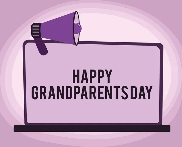 Kézírás jel Boldog nagyszülők napját. Üzleti ötlet Idősek vagy idősek ünneplése Megafon illusztrációja az üres monitoron Bejelentések készítése. — Stock Fotó