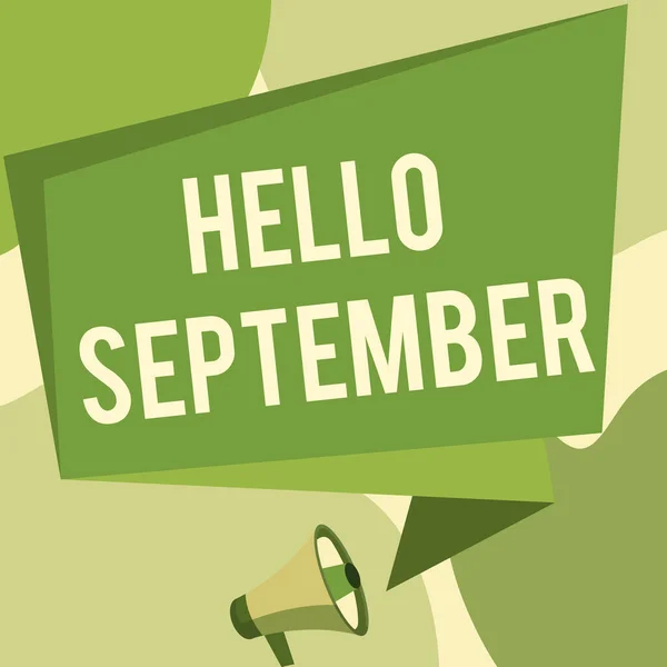 Kavramsal görüntü Merhaba Eylül. Bu yılın dokuzuncu ayını anmak için kullanılan iş konsepti. Megafon Çizim Konuşan Kutuya Konuşma Duyurusu. — Stok fotoğraf
